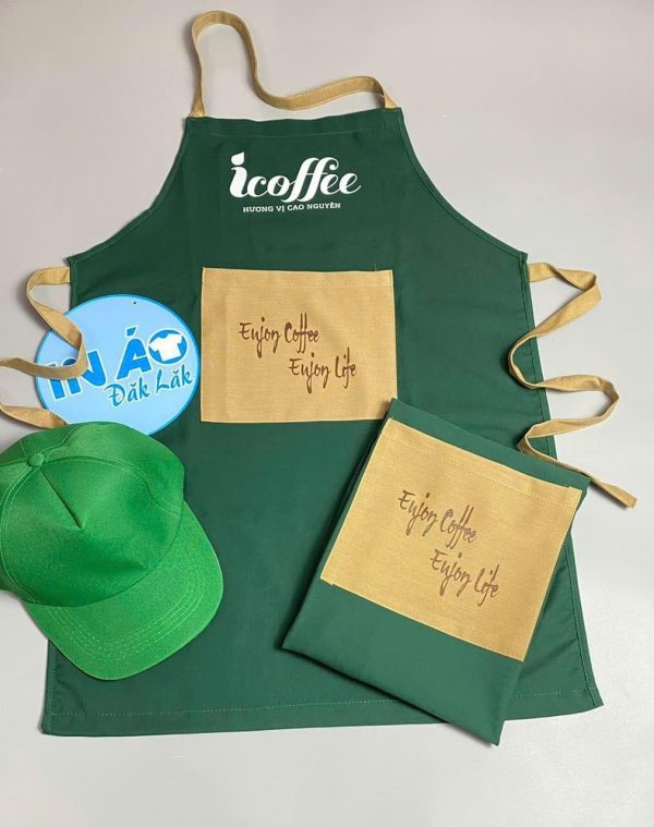 Tạp dề Icoffee màu xanh lá phối dây màu vàng